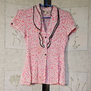 Dressbarn Pink and White Puff Sleeve Button Down Top with Ruffled Sailor Collar